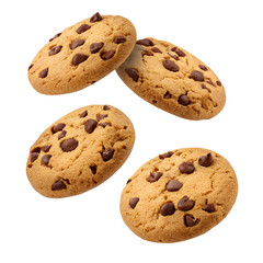 chocolate chip cookies floating/falling isolated on a white background transparent png
