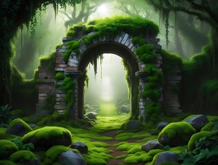 Mysterious ancient stone archway covered in moss and surrounded by lush green forest, glowing with soft magical light, creating a surreal fantasy landscape full of wonder and mystery

