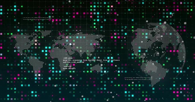 Upon startup digital world map and rotating globe pulsing drifting pixels showing data streams