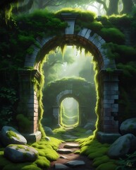 Mysterious ancient stone archway covered in moss and surrounded by lush green forest, glowing with soft magical light, creating a surreal fantasy landscape full of wonder and mystery

