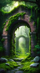 Mysterious ancient stone archway covered in moss and surrounded by lush green forest, glowing with soft magical light, creating a surreal fantasy landscape full of wonder and mystery


