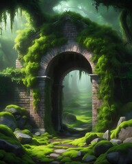 Mysterious ancient stone archway covered in moss and surrounded by lush green forest, glowing with soft magical light, creating a surreal fantasy landscape full of wonder and mystery

