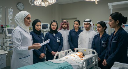 Medical students attentively listen to their instructor during a simulated patient session in a modern hospital training facility.