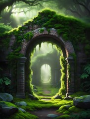 Mysterious ancient stone archway covered in moss and surrounded by lush green forest, glowing with soft magical light, creating a surreal fantasy landscape full of wonder and mystery

