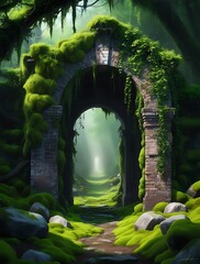 Mysterious ancient stone archway covered in moss and surrounded by lush green forest, glowing with soft magical light, creating a surreal fantasy landscape full of wonder and mystery

