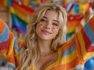 Fototapeta premium beautiful young woman with long blonde hair and soft makeup, wearing a rainbow-striped sweater and rainbow face paint, smiling joyfully with arms up, sitting in front of a large pride flag backdrop, 
