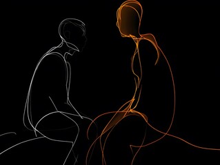 Contemplative figures captured in a dynamic abstract pose, evoke a sense of introspective dialogue or a shared moment of quiet reflection against a black background. 