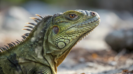 Obraz premium Close up portrait of green iguana reptile animal macro wildlife nature exotic tropical lizard face skin head