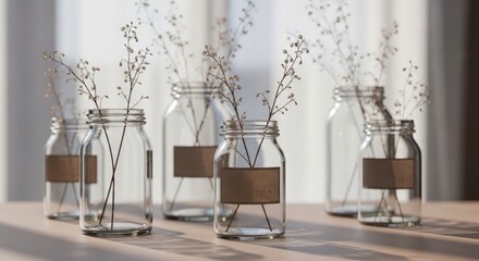 Serene Still Life: Dried Flowers in Glass Jars with Brown Labels, Soft Light
