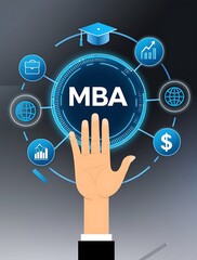 Illustration of raised hand reaching toward MBA digital icon surrounded by business, finance, and global economy symbols, representing higher education and professional growth

