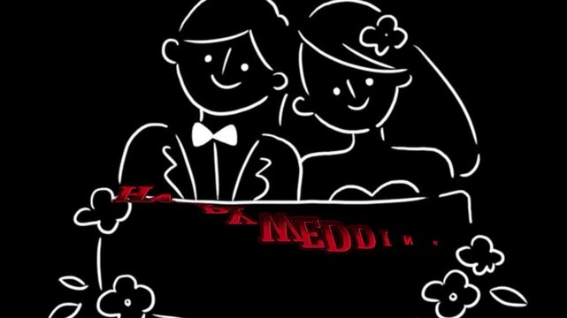 Cartoon drawing of a bride and groom with happy wedding text on a black background image