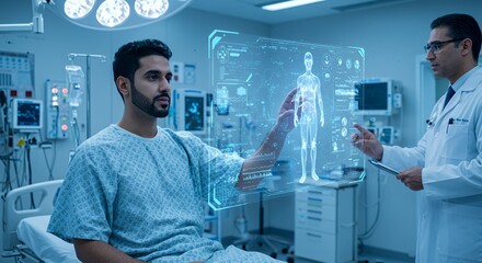 Futuristic healthcare: A doctor and patient interact with a holographic medical interface displaying body scans and vital signs in a modern hospital