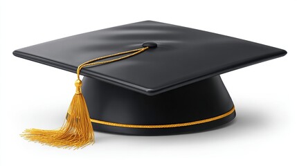 Mortarboard on white background, gold tassel, for educational promotion and graduation announcements