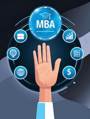 Illustration of raised hand reaching toward MBA digital icon surrounded by business, finance, and global economy symbols, representing higher education and professional growth

