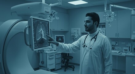 Focused doctor examines lung scan on a medical monitor, showcasing advanced healthcare technology in a modern hospital setting.