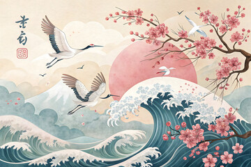 Japanese background with crane birds or herons element vector. Hand drawn wave and cherry blossom flower decorations in vintage style