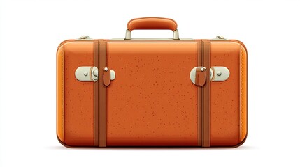 A vintage, rectangular suitcase; orange leather, brown straps, metallic buckles and handle; isolated on white