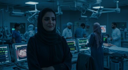 A woman in a hijab observes a bustling hospital operating room, her expression thoughtful and serious amidst the medical activity.