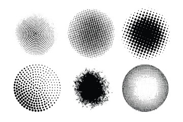 Halftone Dot Patterns Vector Engraving Set. Detailed Monochrome Comic Textures. Vintage Stipple Style Illustrations & Symbols