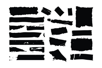 Tape & Torn Paper Textures Vector Engraving Set. Detailed Monochrome Collage Elements. Vintage Stipple & Hatching Style Illustrations