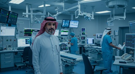Confident doctor in traditional attire stands in a modern, high-tech hospital operating room.