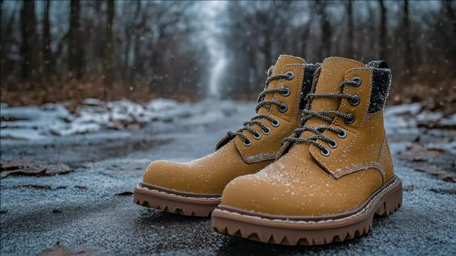 Pair of snowy boots on the road, suitable for chilly autumn walks.