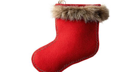 Christmas stocking red felt with fur edge, Transparent background, PNG file