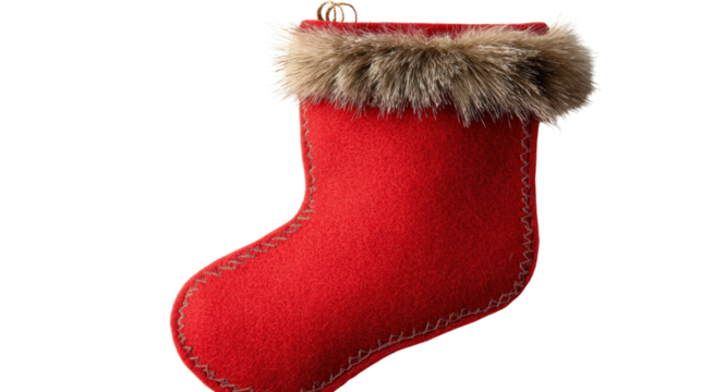 Christmas stocking red felt with fur edge, Transparent background, PNG file
