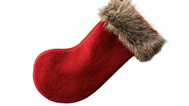 Christmas stocking red felt with fur edge, Transparent background, PNG file