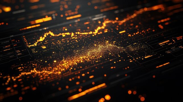 Abstract digital display with glowing data streams and charts