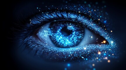 Obraz premium Glowing Blue Eye with Veins Highlighted, Surrounded by Stars and Cosmic Elements
