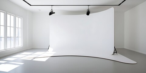 Professional photography studio interior with white seamless paper backdrop setup, natural light from large window, clean minimalist space perfect for portrait, product, or fashion shoot

