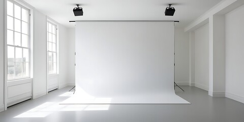 Professional photography studio interior with white seamless paper backdrop setup, natural light from large window, clean minimalist space perfect for portrait, product, or fashion shoot

