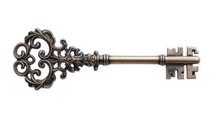 Classic brass key with ornate design, Transparent background, PNG file