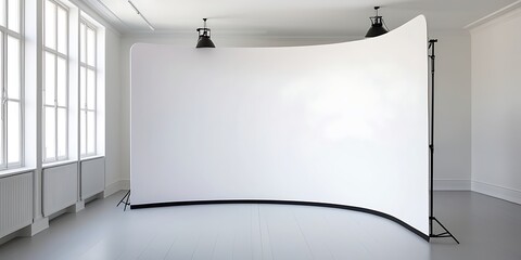 Professional photography studio interior with white seamless paper backdrop setup, natural light from large window, clean minimalist space perfect for portrait, product, or fashion shoot

