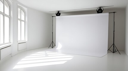 Professional photography studio interior with white seamless paper backdrop setup, natural light from large window, clean minimalist space perfect for portrait, product, or fashion shoot

