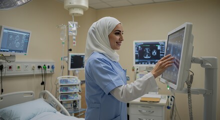 A female healthcare professional wearing a hijab skillfully navigates medical imaging technology in a modern hospital setting.
