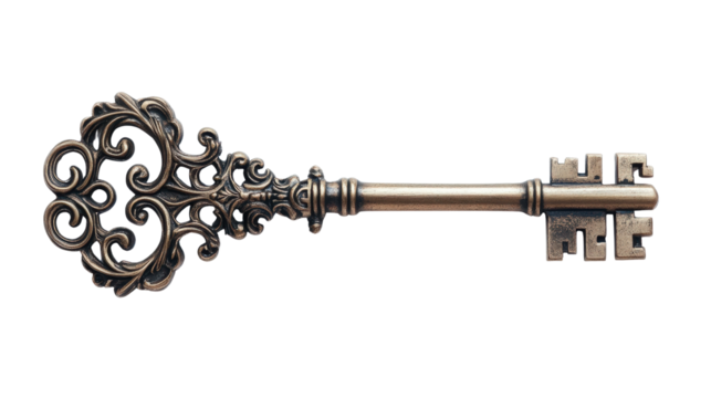Classic brass key with ornate design, Transparent background, PNG file