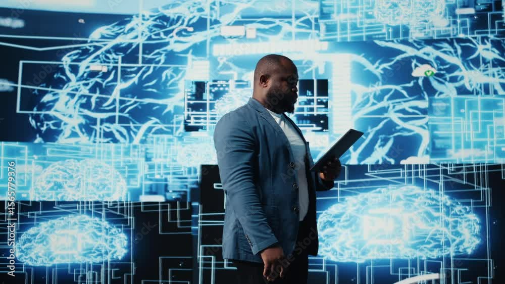 Poster young black technician reviewing ai data visualization and neural networks platforms, smart technolo