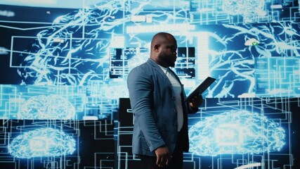 Young black technician reviewing AI data visualization and neural networks platforms, smart technology cyberspace systems. Studies machine learning, cloud computing and algorithms Camera A. - Powered by Adobe