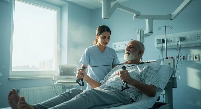 A dedicated healthcare professional assists a senior patient with physiotherapy exercises using resistance bands in a modern hospital room.