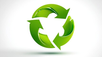 Circular, 3D green recycling symbol on a light gray background