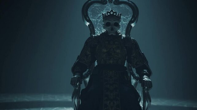 Roi squelette sur un tr&ocirc;ne dans un halo de lumi&egrave;re