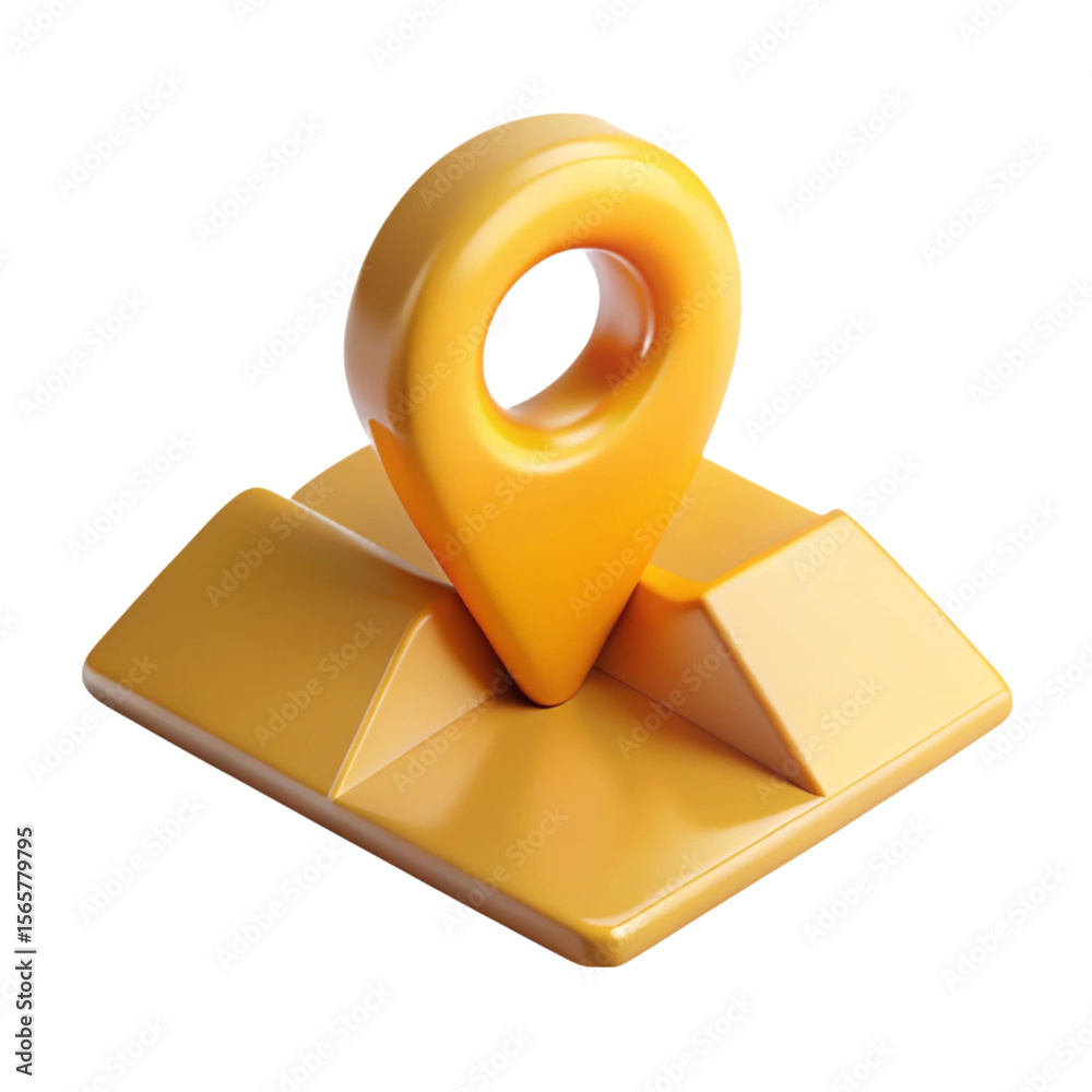 Fototapete 3d rendered location pin on map with golden yellow color on a black background