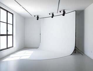 Professional photography studio interior with white seamless paper backdrop setup, natural light from large window, clean minimalist space perfect for portrait, product, or fashion shoot

