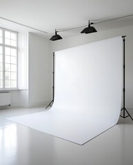 Professional photography studio interior with white seamless paper backdrop setup, natural light from large window, clean minimalist space perfect for portrait, product, or fashion shoot

