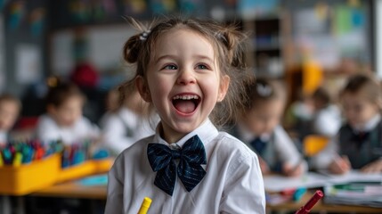 Joyful schoolgirl enjoys a playful moment in the classroom while pretending to draw with invisible markers