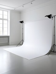 Professional photography studio interior with white seamless paper backdrop setup, natural light from large window, clean minimalist space perfect for portrait, product, or fashion shoot

