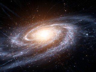 An awe-inspiring cosmic spectacle unfolds, showcasing a spiral galaxy's radiant core and sweeping arms, a testament to the universe's grand design.
