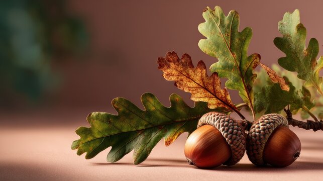 Warm gradient backdrop showcases acorn and oak leaves in a minimal yet artistic layout, enhancing natural beauty and organic elegance